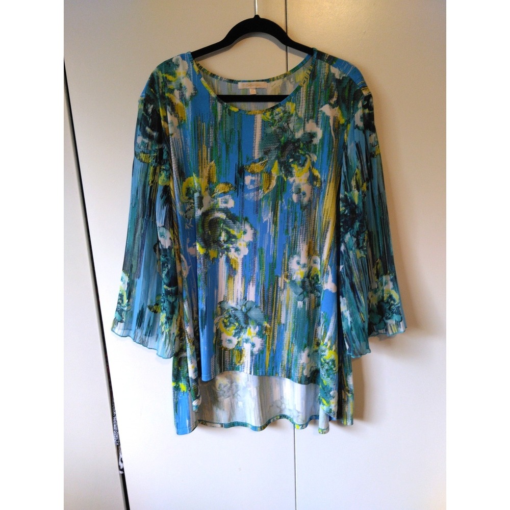 Womens Floral Asymmetric Hem Tunic Top Plus Size 3xl Sheer Bell Sleeve Flowy